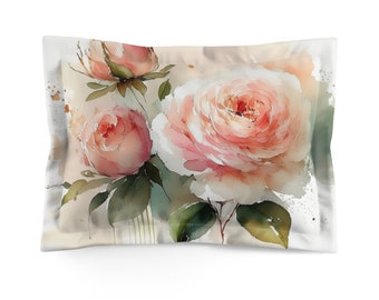 Peach Roses Watercolor Art Pillow Sham, Standard or King Pillow Case, Floral Bedroom Sham, Contemporary Romantic Bedding, Envelope Back