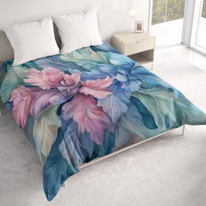 May include: A blue, pink, and green floral duvet cover with a watercolor-like design. The duvet cover features large, overlapping leaves and flowers.