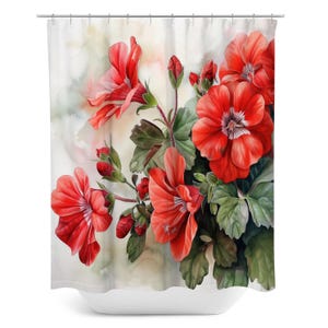 May include: A watercolor painting of red flowers with green leaves on a white background.