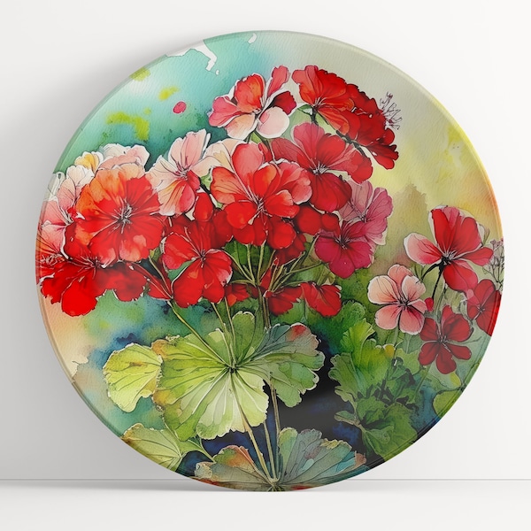 Plate with Geranium Watercolor Art, Unbreakable Indoor/Outdoor Contemporary Dinnerware, Microwave Safe Polymer Plastic (No Melamine)