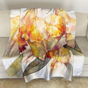Sherpa Fleece Throw with Yellow Orchid Watercolor Art: Floral Plush Blanket