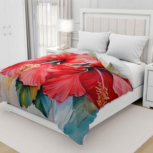 Hawaiian Floral Tropical Flower Red Hibiscus Pattern Print Duvet Cover Bedding Set