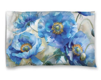Blue Poppy Watercolor Art Pillowcase, Standard or King Pillow Case, Floral Contemporary Bedding, All Over Print Pillowcase, Hemmed Cuff