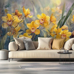 May include: A watercolor-style mural featuring vibrant yellow orchids with red and white centers, set against a backdrop of blue and green hues. A cream-colored sofa with pillows sits below the mural. A small black table and a round rug complete the scene.