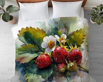 Duvet Cover with Strawberry Watercolor Art: Cotton or Microfiber Floral Bedding
