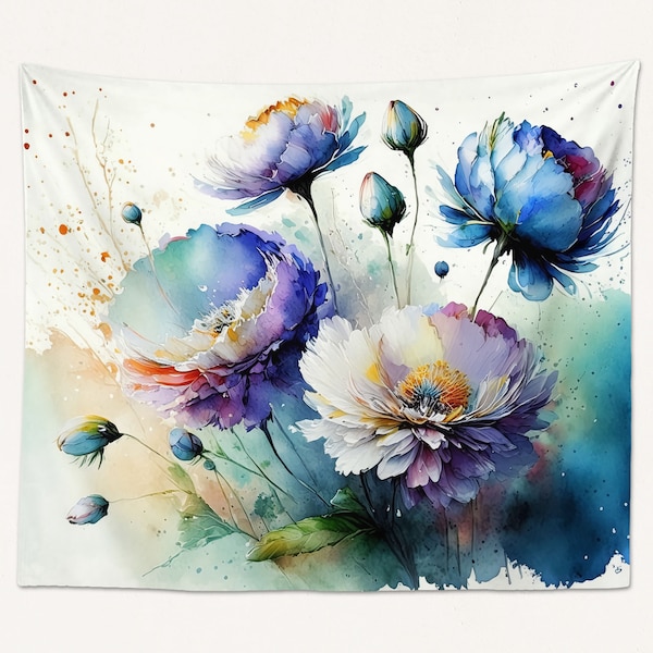 Blue and Purple Flower Watercolor Art Tapestry Large Wall Hanging, Floral Art Living Room or Bedroom Decor, Romantic Contemporary Decor