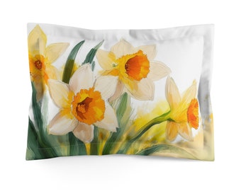 Daffodil Watercolor Art Pillow Sham, Standard or King Pillow Case, Floral Bedroom Sham, Contemporary Romantic Bedding, Envelope Back