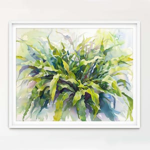 May include: Watercolor painting of a lush green fern plant with delicate, textured leaves. The background is a soft, light blue and green wash.