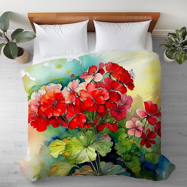 Duvet Cover with Geraniums Flower Watercolor Art in King, Queen or Twin, Smooth Microfiber, Floral Bedroom Decor, Romantic Bedding