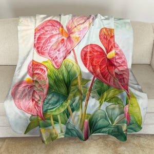 Sherpa Fleece Throw with Flamingo Flower Watercolor Art: Floral Plush Blanket