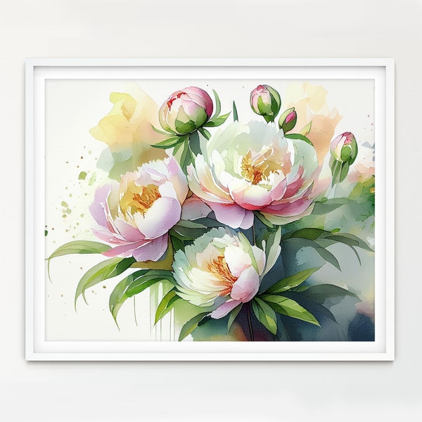 Peonies Watercolor Painting Print, Large Floral Wall Art, Watercolor Floral Artwork, Botanical Home Decor, Contemporary Wood Frames