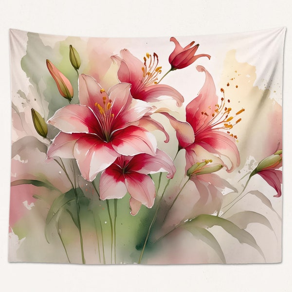 Crimson Lily Watercolor Art Tapestry Large Wall Hanging, Floral Art Living Room or Bedroom Decor, Romantic Contemporary Decor