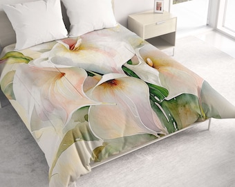 All Seasons Lightweight Comforter with Calla Lillies Watercolor Art, Romantic Contemporary Quilt Bedding, Twin, Queen or King Size Bedspread