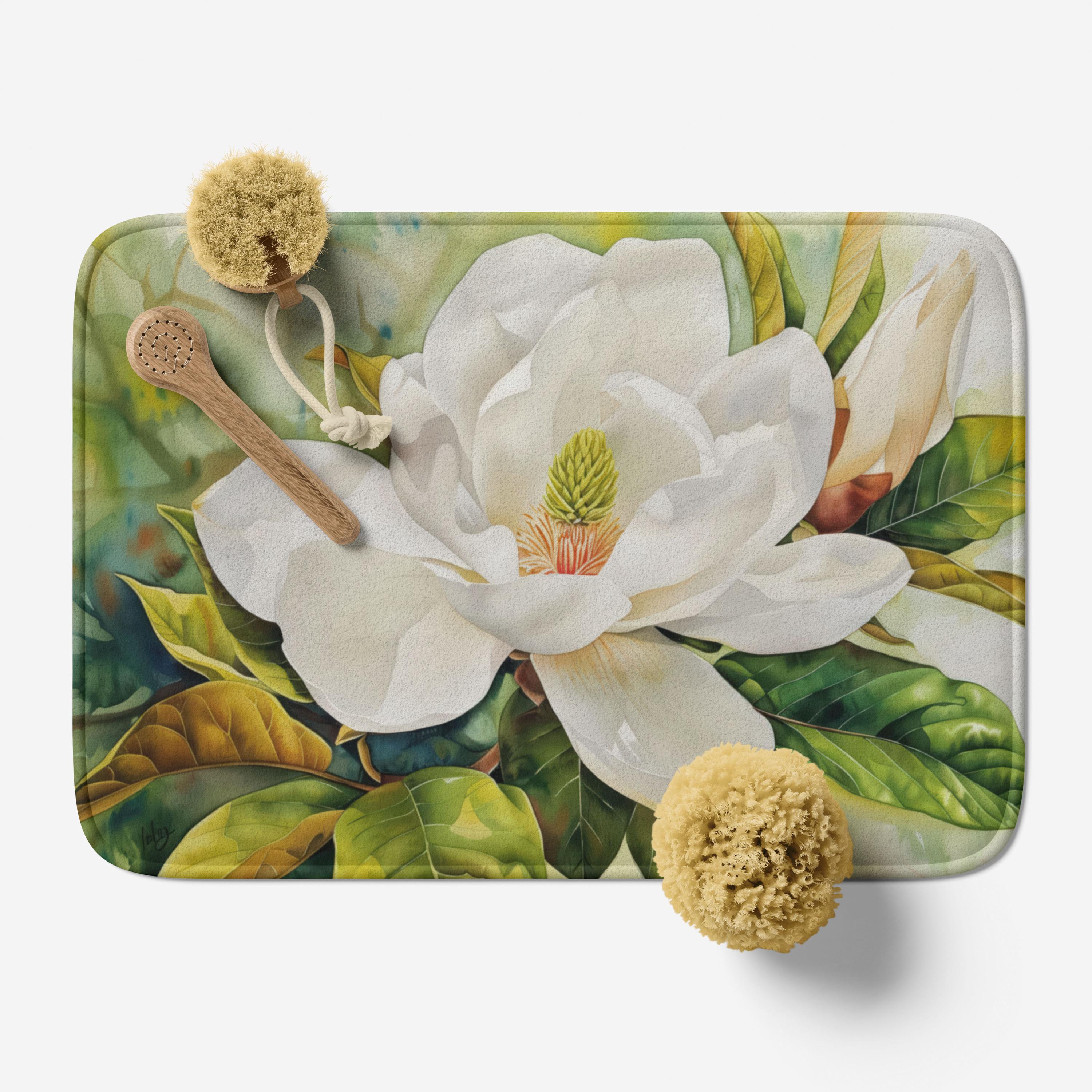 Bath Mat With Magnolia Watercolor Art: Floral Microfiber Memory Foam ...