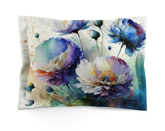 Blue and Purple Flower Watercolor Art Pillow Sham, Standard or King Pillow Case, Floral Bedroom Sham, Romantic Bedding, Envelope Back