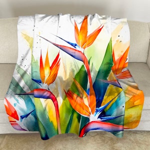 Sherpa Fleece Throw with Bird of Paradise Watercolor Art, 50x60 60x80, Floral Warm Plush Blanket Throw, Romantic Sofa Throw, Gift for Her