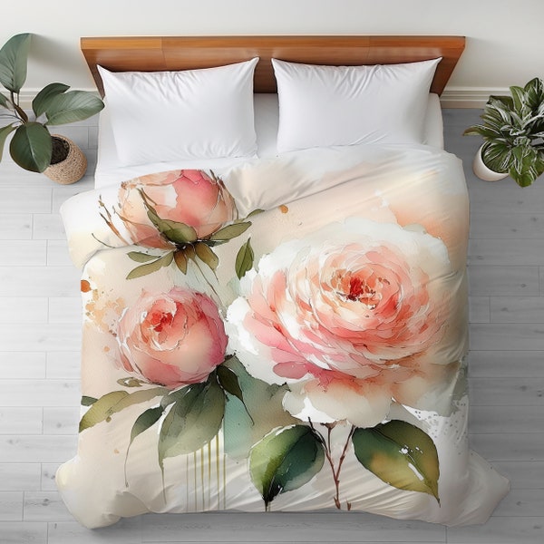 Duvet Cover with Peach Roses Flower Watercolor Art in King, Queen or Twin, Smooth Microfiber, Floral Bedroom Decor, Romantic Bedding