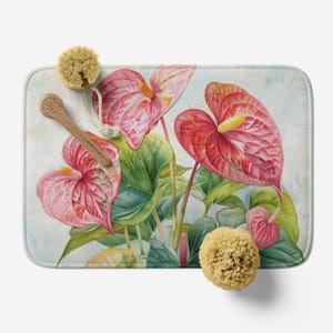 Bath Mat with Flamingo Flower Watercolor Art, Microfiber Memory Foam Bathroom Rug, Anti-Slip Backing, Floral Non Slip Bathroom Rug