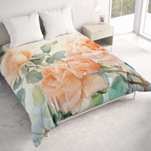 Comforter with Peach Roses Watercolor Art: Floral Lightweight All Seasons Bedding