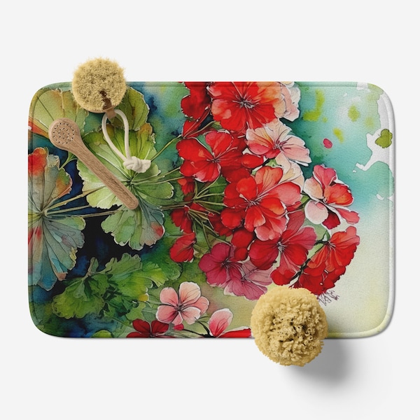 Bath Mat with Geraniums Watercolor Art, Microfiber Memory Foam Bathroom Rug, Anti-Slip Backing, Floral Non Slip Bathroom Rug