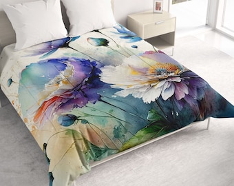 All Seasons Lightweight Comforter with Blue and Purple Flower Watercolor Art, Romantic Quilt Bedding, Twin, Queen, or King Bedspread