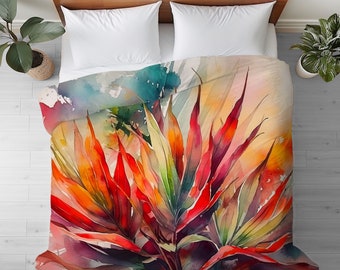 Duvet Cover with Cordyline Watercolor Art in King, Queen or Twin, Smooth Microfiber, Floral Bedroom Decor, Tropical Bedding