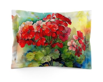 Geraniums Watercolor Art Pillow Sham, Standard or King Pillow Case, Floral Bedroom Sham, Contemporary Romantic Bedding, Envelope Back