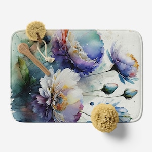 Bath Mat with Blue and Purple Flower Watercolor Art, Microfiber Memory Foam Bathroom Rug, Anti-Slip Backing, Floral Non Slip Bathroom Rug