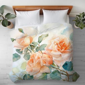 Duvet Cover with Peach Roses Flower Watercolor Art: Floral, Silky Microfiber Bedding