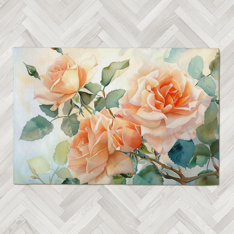 Area Rug With Peach Roses Watercolor Art: Modern Floral Indoor-outdoor ...