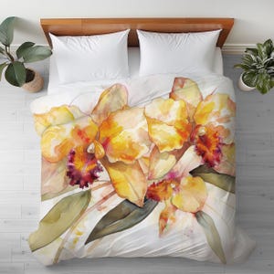 Duvet Cover with Yellow Orchid Flower Watercolor Art: Floral, Silky Microfiber Bedding