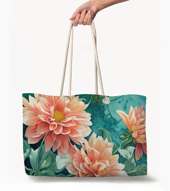 Oversized Rope Handle Tote Bag With Dalias Watercolor Art, Large