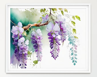 May include: A watercolor painting of a wisteria vine with purple and white flowers hanging down from a branch. The background is a soft green and white.