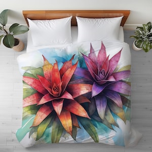 Duvet Cover with Bromeliads Flower Watercolor Art: Floral, Silky Microfiber Bedding