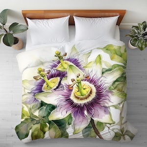 Duvet Cover with Passionflower Flower Watercolor Art: Floral, Silky Microfiber Bedding
