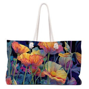 Oversized Rope Handle Tote Bag with Fantasy Flower Watercolor Art, Large Vacation Lined Beach Bag, Big Weekend Utility Flat Bottom Tote