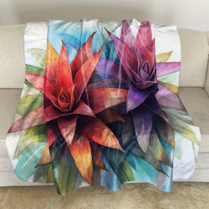 Sherpa Fleece Throw with Bromeliads Watercolor Art: Floral Plush Blanket