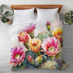 Duvet Cover with Prickly Pear Flower Watercolor Art: Floral, Silky Microfiber Bedding