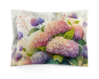 Hydrangea Watercolor Art Pillow Sham, Standard or King Pillow Case, Floral Bedroom Sham, Contemporary Romantic Bedding, Envelope Back