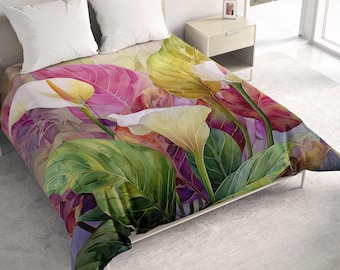 Comforter with Peace Lily Watercolor Art: Floral Cotton or Microfiber Lightweight All Seasons Bedding