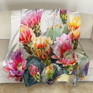 Sherpa Fleece Throw with Prickly Pear Watercolor Art: Floral Plush Blanket