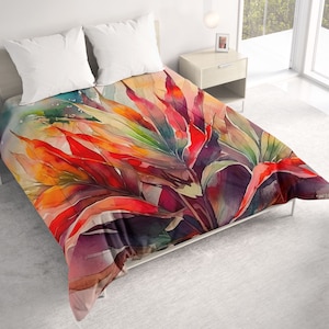 May include: A watercolor painting of tropical leaves in shades of red, orange, yellow, green, and purple. The leaves are arranged in a bouquet-like shape, with the tips of the leaves pointing upwards. The painting is on a white background.