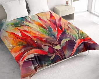 All Seasons Lightweight Comforter with Cordyline Watercolor Art, Tropical Contemporary Quilt Bedding, Twin, Queen or King Size Bedspread