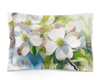 Pillow Sham with Dogwood Watercolor Art: Floral Cotton or Polyester, Standard or King Bedding