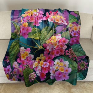 Sherpa Fleece Throw with Lantana Watercolor Art: Floral Plush Blanket