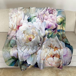 Sherpa Fleece Throw with Peonies Watercolor Art: Floral Plush Blanket
