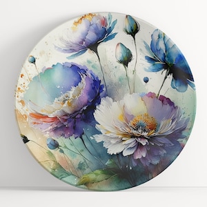 Plate with Blue and Purple Flowers Watercolor Art: Floral Unbreakable Indoor/Outdoor Dinnerware