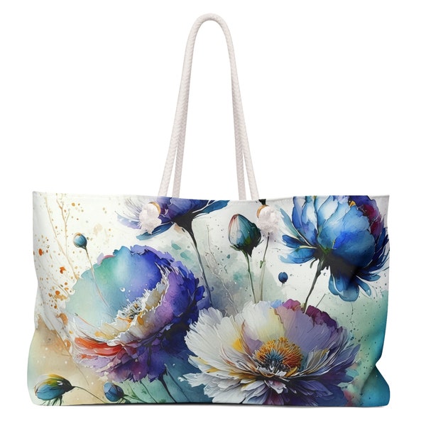 Oversized Rope Handle Tote Bag with Blue and Purple Flower Watercolor Art, Large Vacation Lined Beach Bag, Big Weekend Flat Bottom Tote