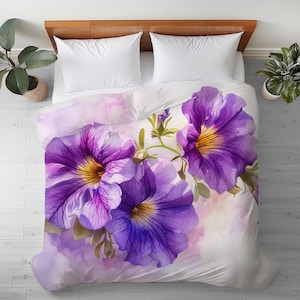 Duvet Cover with Petunias Flower Watercolor Art: Floral, Silky Microfiber Bedding