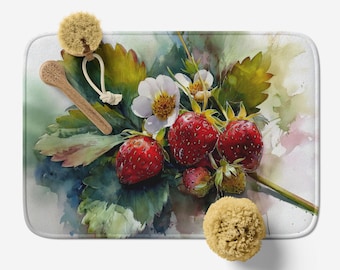 Bath Mat with Strawberry Watercolor Art: Floral Microfiber Memory Foam, Anti-Slip